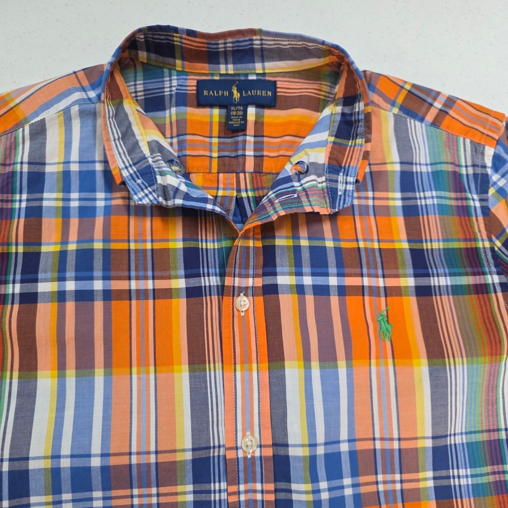 Ralph Lauren Boys XL 18-20 Orange Blue Plaid Long Sleeve Button Down Shirt Pony - Picture 4 of 8